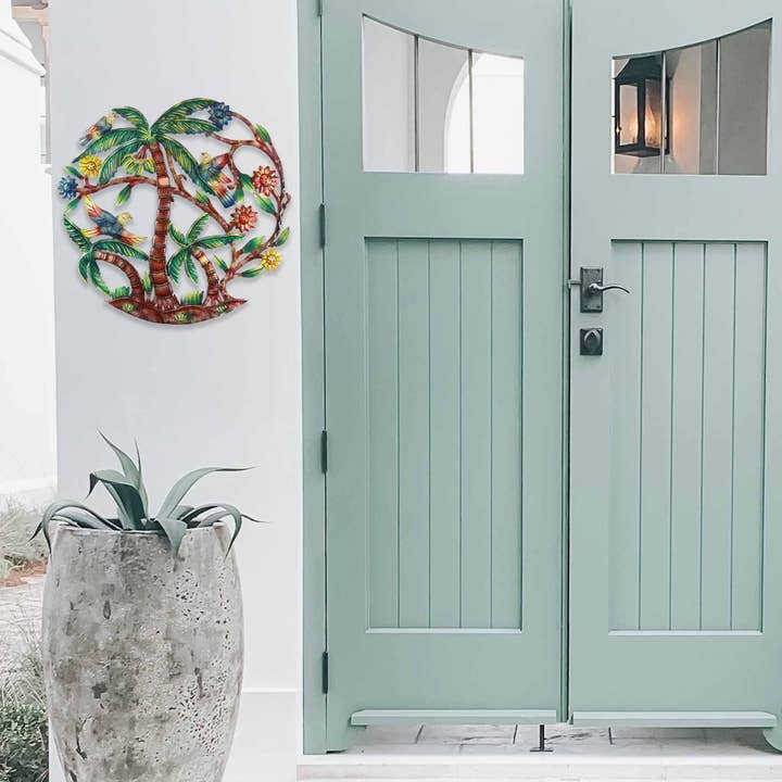 Global Crafts – Großhandel 3D-Wandkunst – 24" Palme Scene Haitianische Metalltrommel Wandkunst2