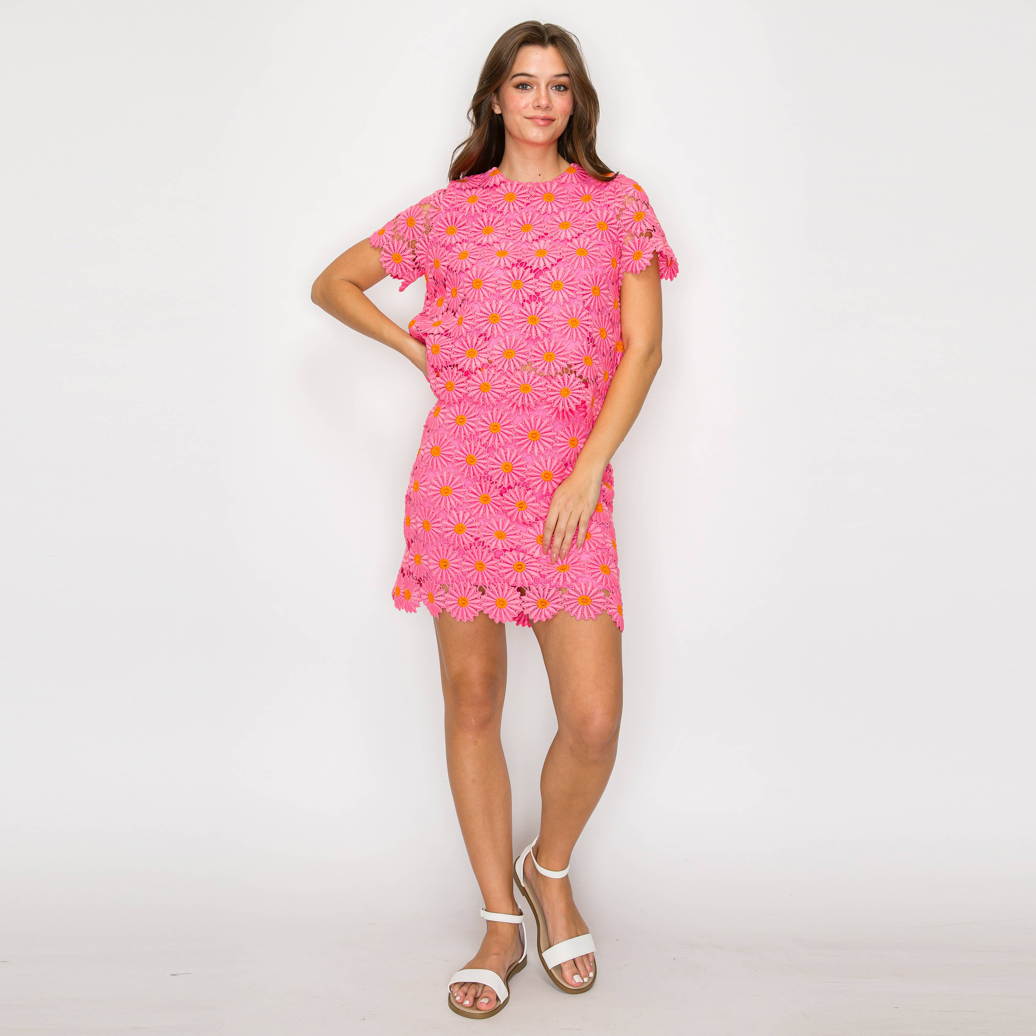 LoveWednesday - Wholesale Blouse - Women's - Pink Daisy Lace Top with Bow - LWT19781