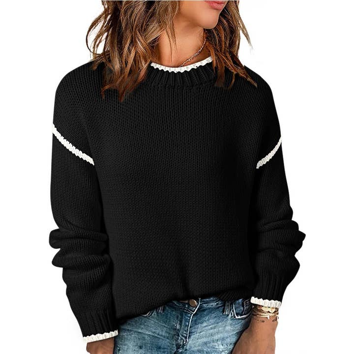 Rosa Clothing - Wholesale Knit Sweater - Women's - Blanket Stitch Ribbed Knit Pullover Sweater2