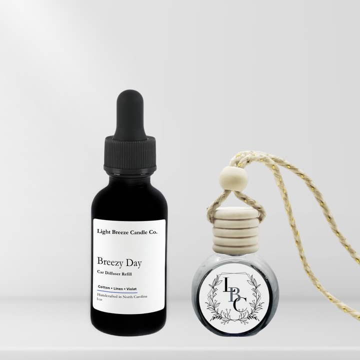 Light Breeze Candle Co. - Wholesale Car Freshener - Unisex - Breezy day car diffuser & refill bundle fresh cotton, linen & violet scent for relaxing, calm driving experience