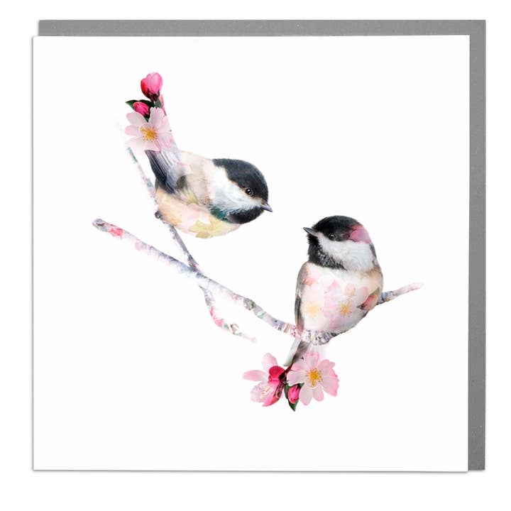 Chickadee birds blank art greeting card for wholesale by Lola Design Ltd
