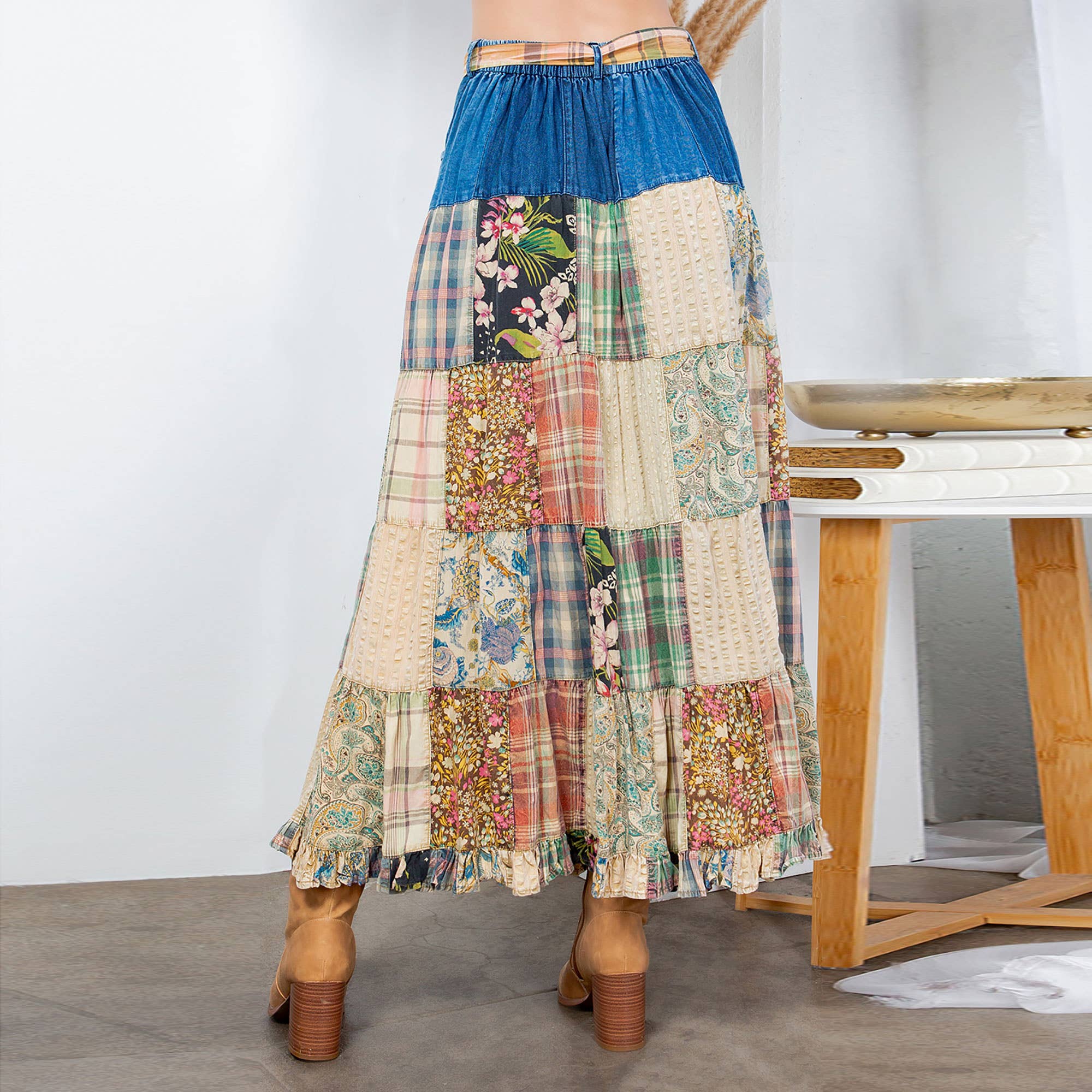 Young Threads - Wholesale Skirt - Women's - Western Boho Chic: Patchwork Belted Skirt  (New Color)21