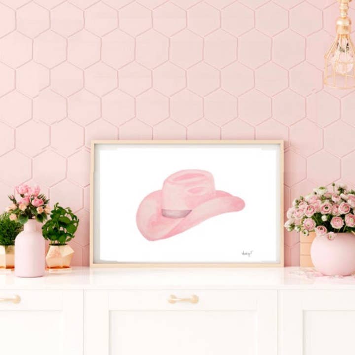 Print | Blush Pink & Gray Cowboy Hat | Western Watercolor Painting | Rustic Decor | Cowgirl Art | Various Sizes | Custom Original Available for wholesale by Shop Art by Audrey