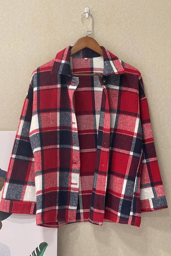 Red Plaid Flannel Shacket Jacket Women XC1238-R1 for wholesale on Faire3
