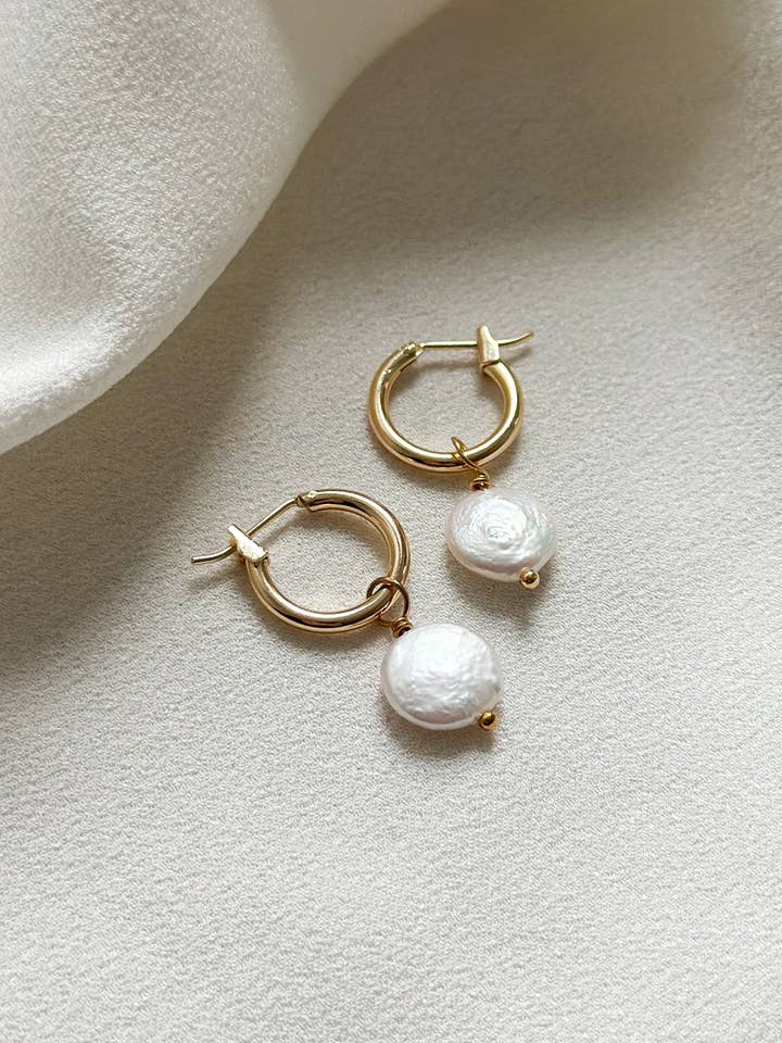 18k Gold Coin Pearl Hoop Earrings for wholesale by Ellis Grey Jewellery