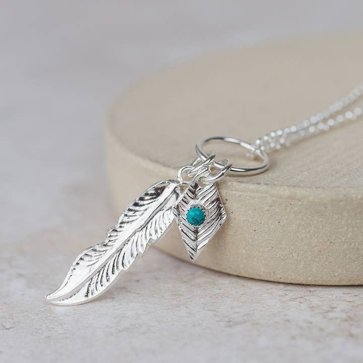 Lucy Kemp Jewellery - Wholesale Pendant/Charm Necklace - Sterling Silver Feather Pendant with Diamond and Turquoise