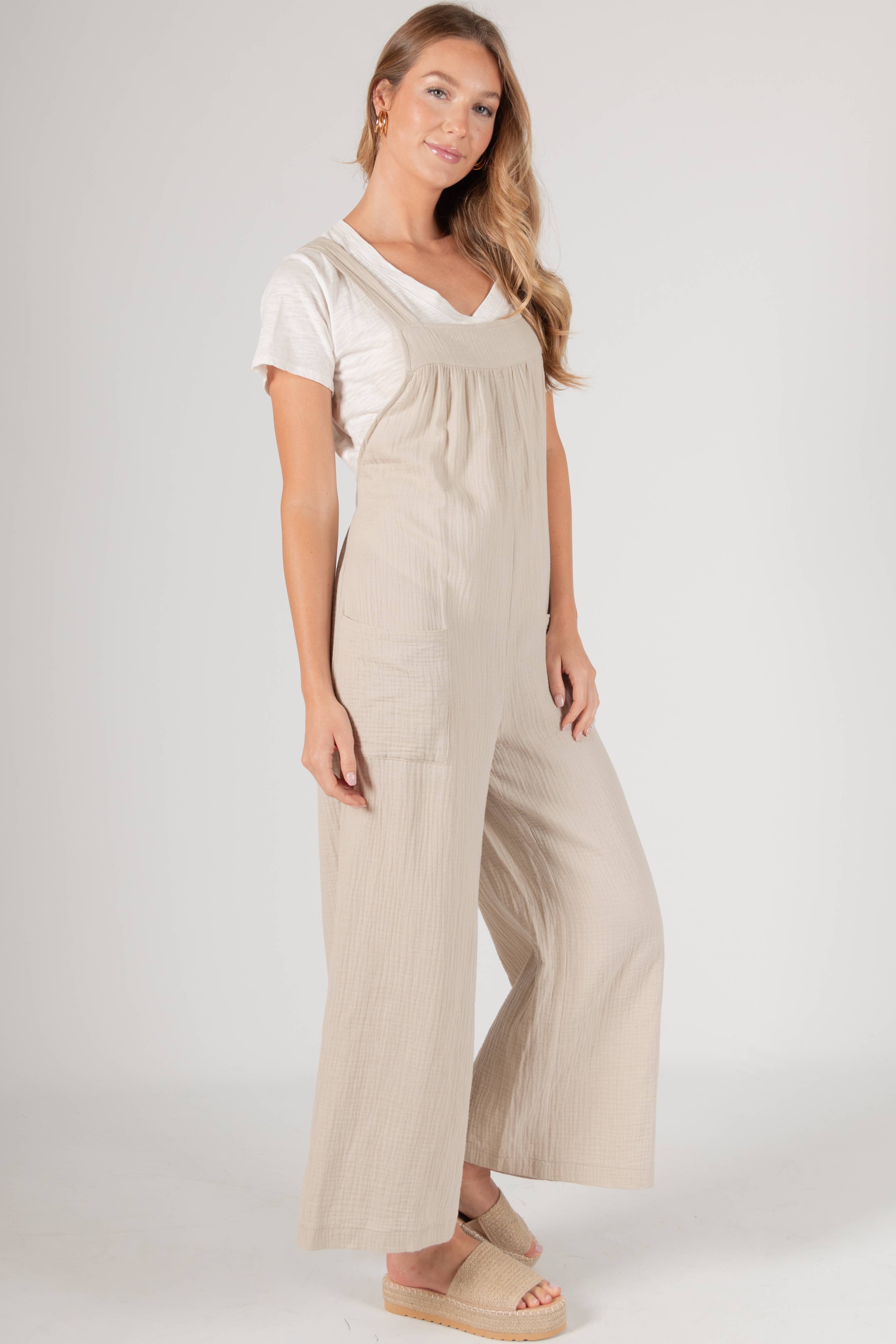 Sand Slubbed Gauze Wide Leg Overalls for wholesale on Faire5
