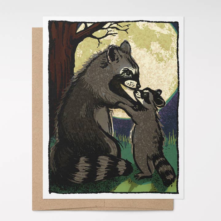 Mama Raccoon Notecard – Familial Love Illustration for wholesale by Brainmeats Atelier