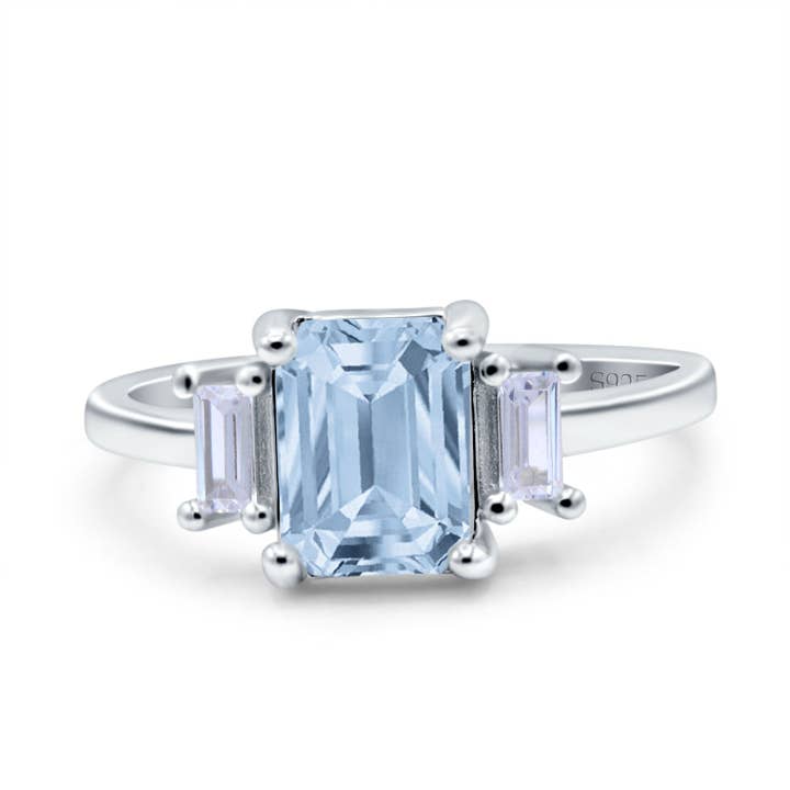 Emerald Cut Art Deco gesimuleerde aquamarijn CZ-trouwring met drie stenen voor wholesale door Blue Apple Imports