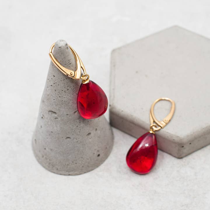 Amber Charm - Wholesale Dangle Earrings - Teardrop Red Amber Earrings Ruby Baltic Amber Earrings Gold