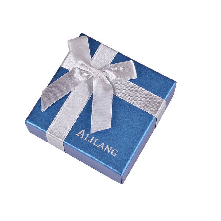 Silver Embossed Blue Matte Jewelry Gift Box with Ribbon Bow for wholesale by AK Brand