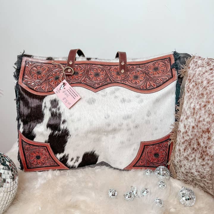 The Sterling Gypsy - Wholesale Weekender Bag - Women's - Western Cowhide & Tooled Leather Weekender Tote Bag Travel Custom Branded Farm Brand Cow Brand Initials Cow Print