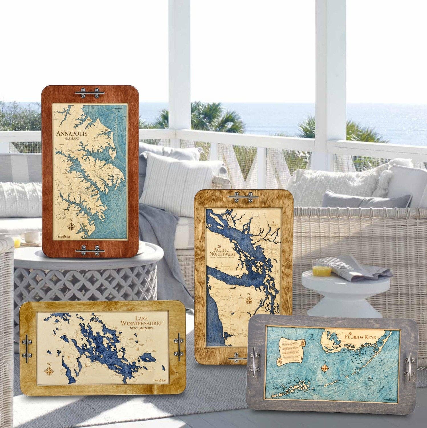 Sea & Soul Nautical Chart Art – Großhandel Serviertabletts – Küsten-Florida Nautische 3D-Holzkarte Serviertablett & Wandkunst36