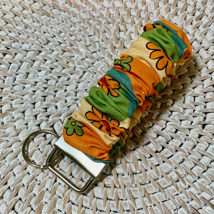 Handmade Scrunchie Key Fob, Keychain - Boho Retro - Groovy Flowers for wholesale by Ann Gregory Designs