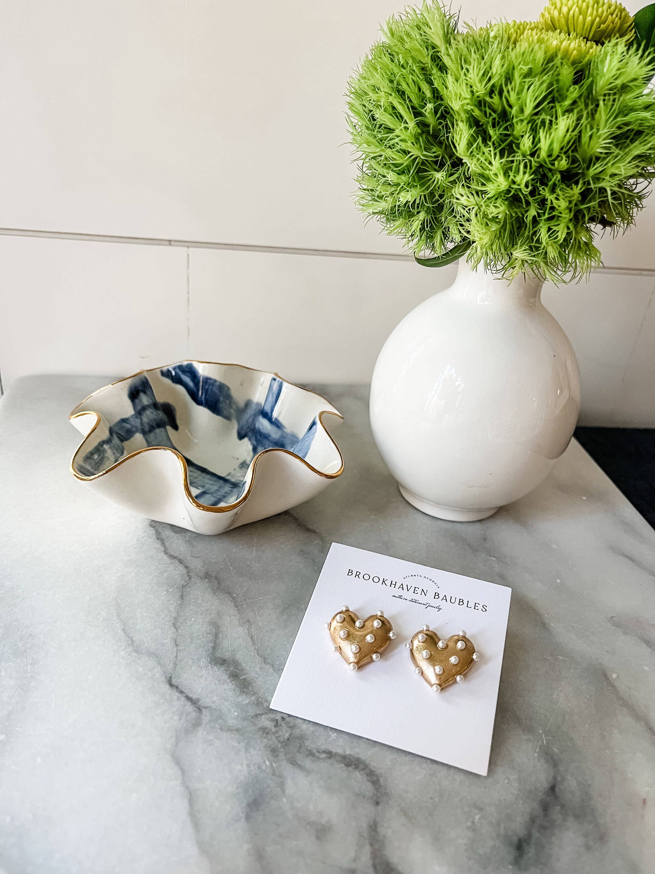 Brookhaven Baubles - Wholesale Stud/Post Earrings - Gold Pearl Heart Statement Studs - Valentine's Xoxo7