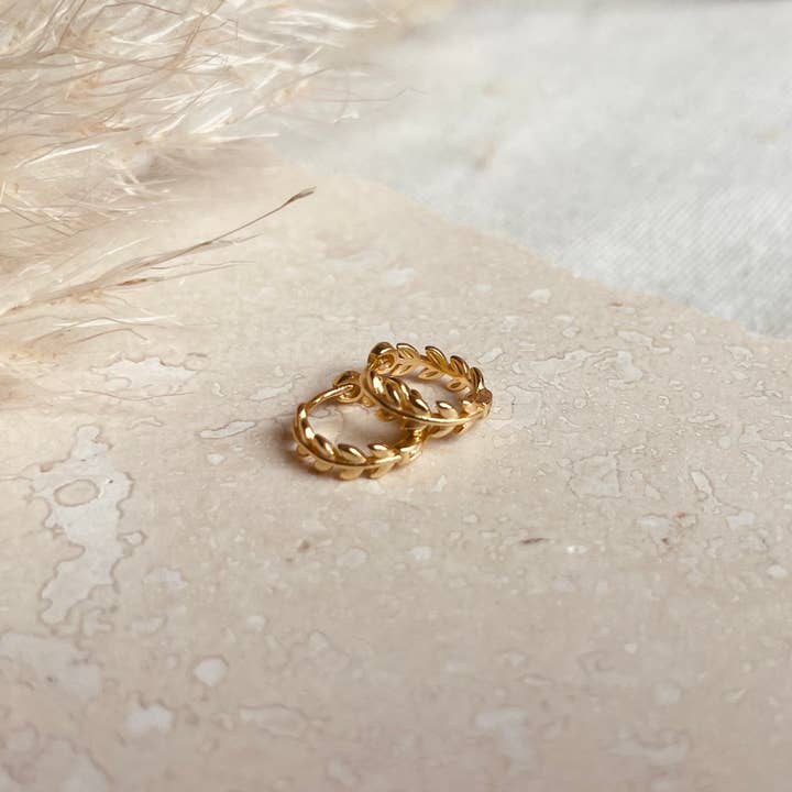 Gold Laurel Huggie Hoops for wholesale by Little Nell Jewellery