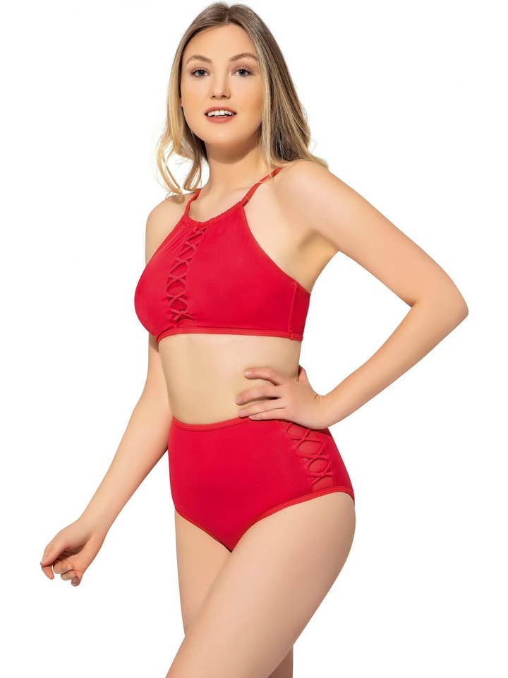 Argisa Tulle Lace Up High Waist Bikini Red for wholesale by Argisa