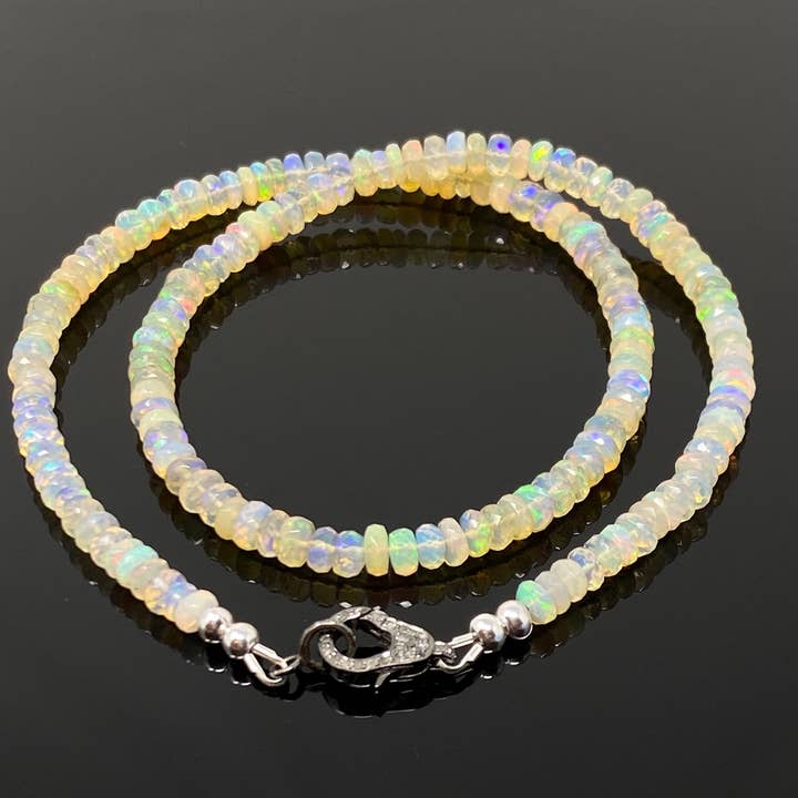 17.5” Genuine Ethiopian Opal Pave Diamond Necklace, Spiritual Healing Gemstone Jewelry, Crown Chakra Healing Jewelry, October Birthstone for wholesale by Akstar Gems