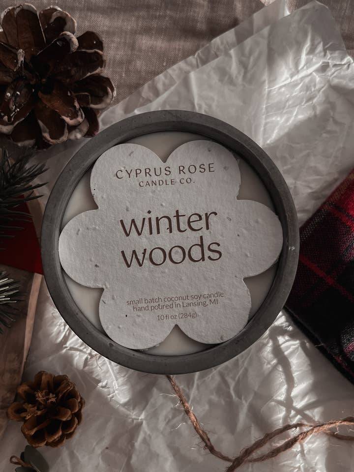 Winter Woods Coconut-Soy Candle- 10oz Concrete Jar for wholesale by Cyprus Rose Candle Co.