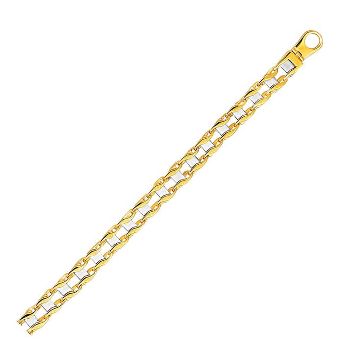 14k Two-Tone Gold Mens Bracelet with S Style Bar Links (7.85 mm) for wholesale by RubyAnn Jewelry