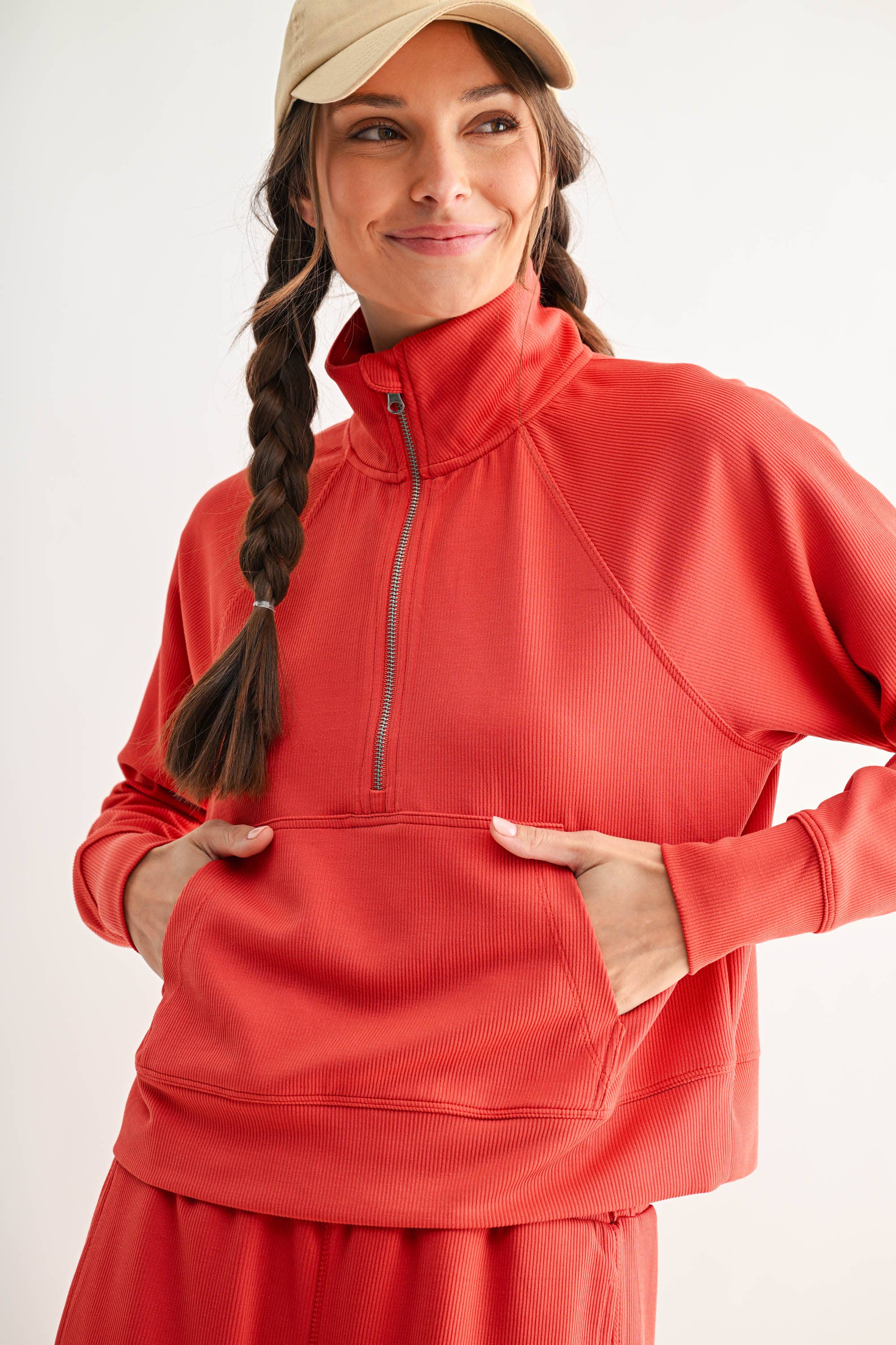 Mono B - Vente Sweat-shirt – femme - Pull à col zippé 1/4 en maille côtelée Luxe Sand Wash9