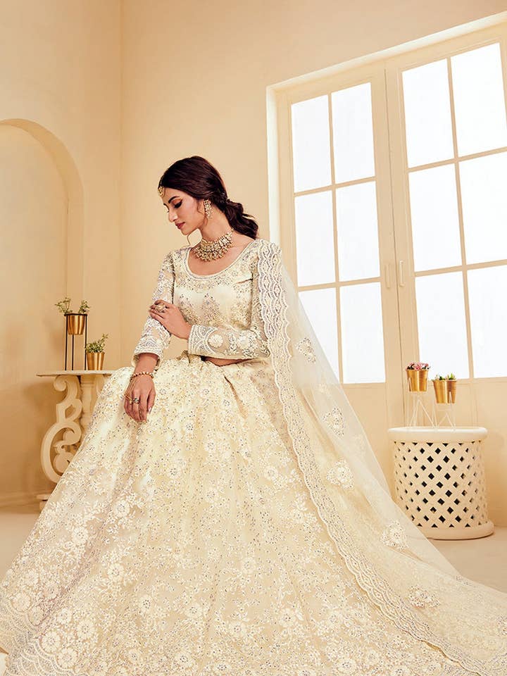 HATKE BRIDE - Wholesale Gown – Women's - White Net Lehenga Choli For Indian Festivals & Weddings - Thread Embroidery Work, Codding Embroidery Work, Butta Work, Stone Work3