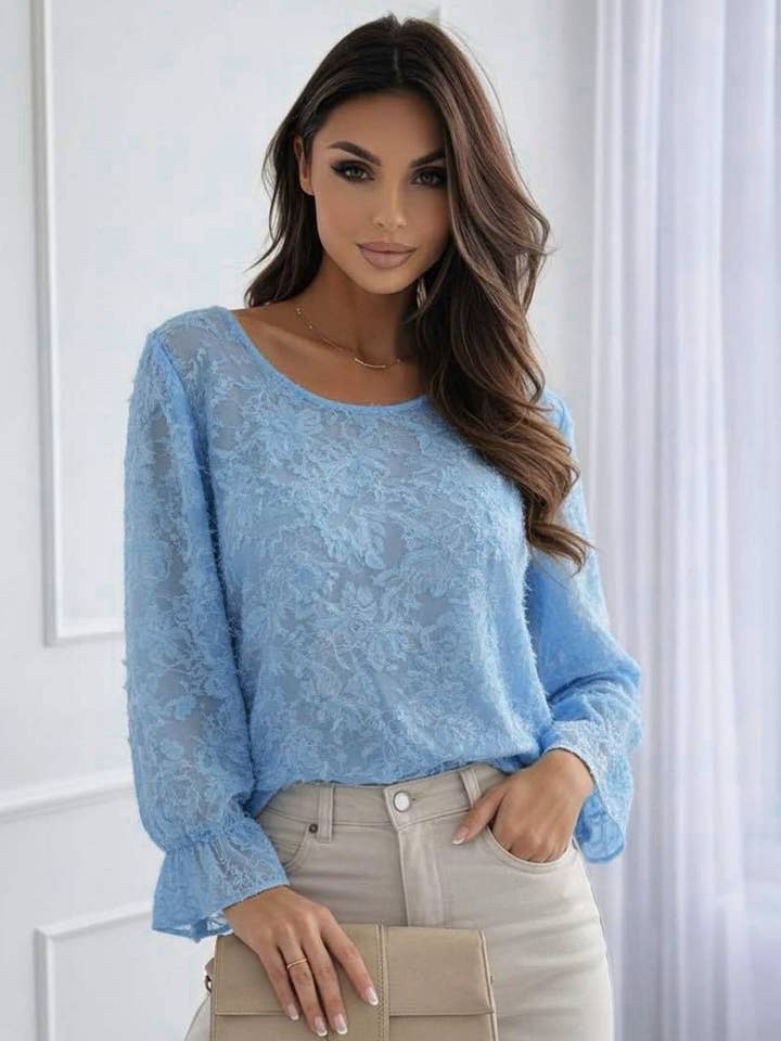 Lucinda Florale Spitzenstruktur Mesh Bluse Top-Blau für den Großhandel von Catwalk Wholesale