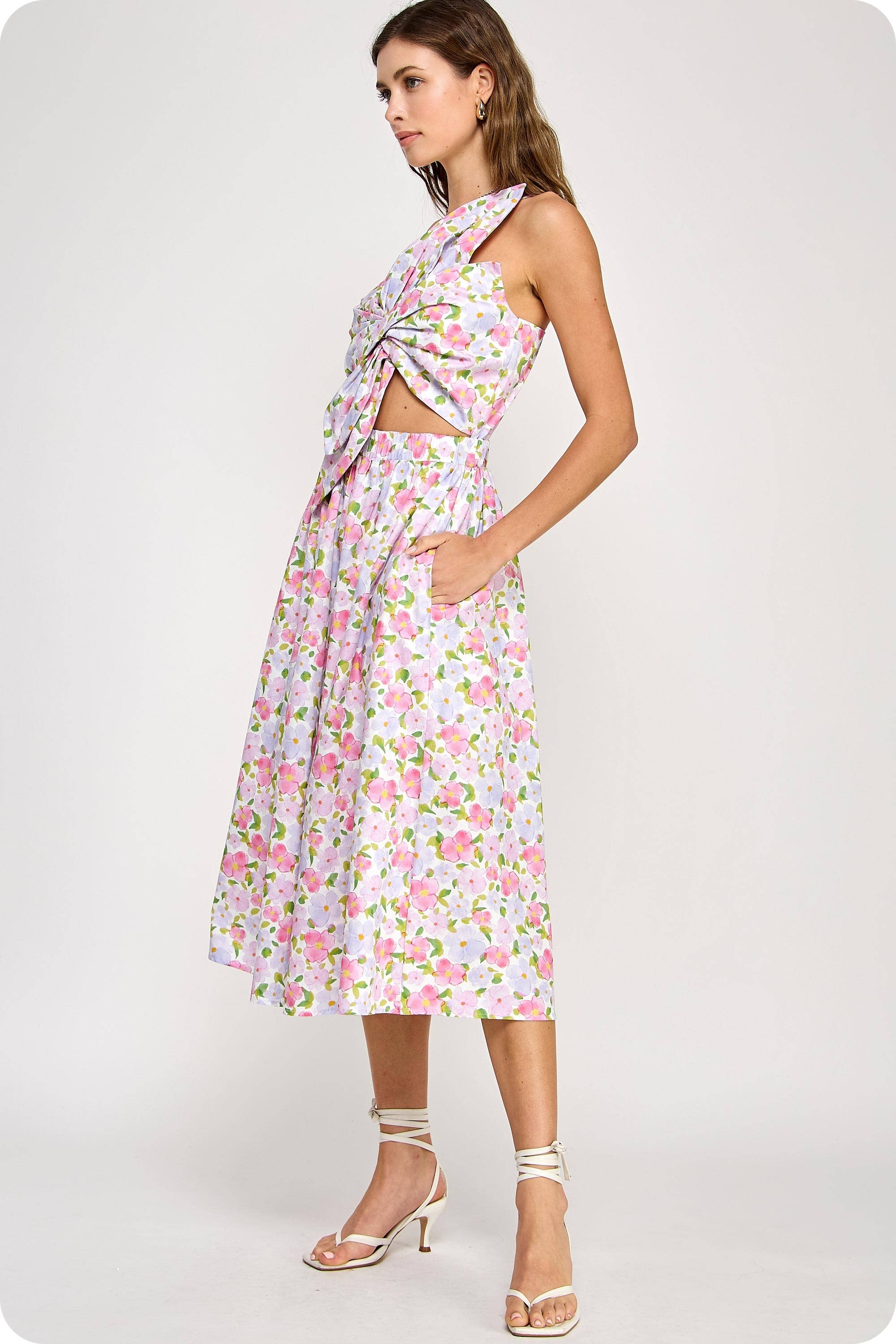 Strut & Bolt - Wholesale Dress - Women's - Knotted Flower Bow Floral Print Midi Dress7