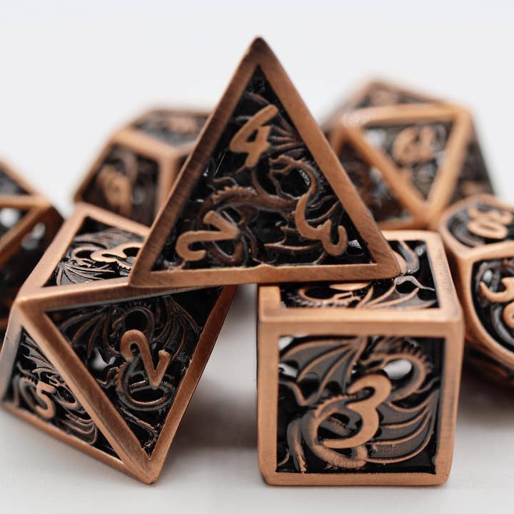 Dragon Essence: Copper - Hollow Metal RPG Dice Set for wholesale by Foam Brain Games