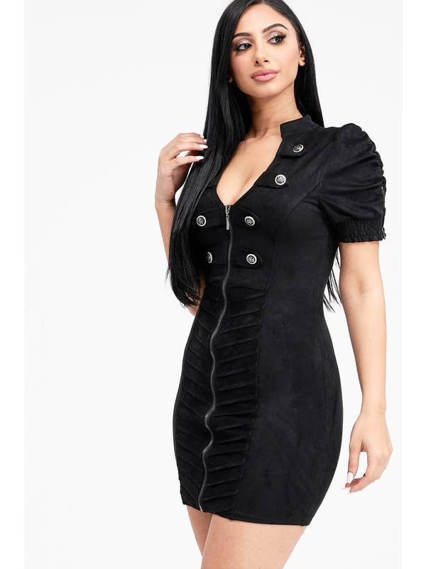 Lydia USA - Venta al por mayor Vestido - Mujer - Vestido de ante con botones militares y media manga