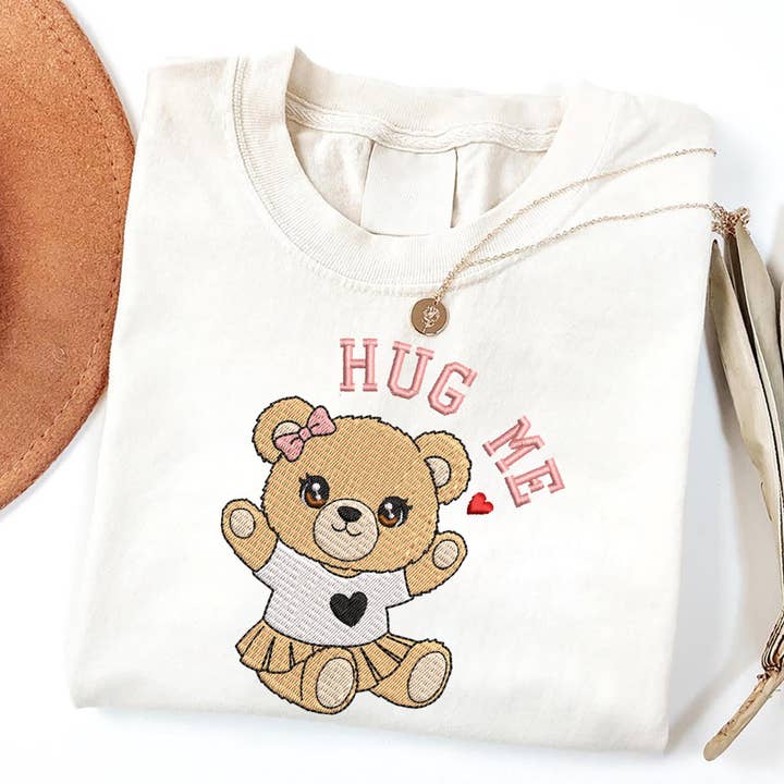 Hug Me Bear Embroidery Shirt, Valentines Bear Embroidery Tee for wholesale by ClevorFit