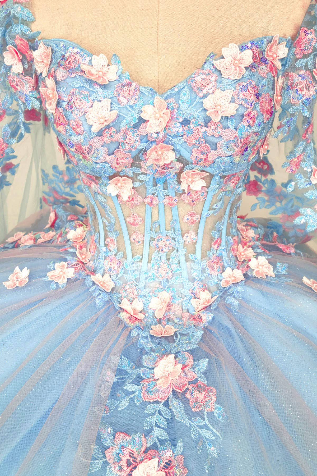 Baby Blue Quinceanera Dress With Pink Flowers and Cape CHF3117 for wholesale on Faire6