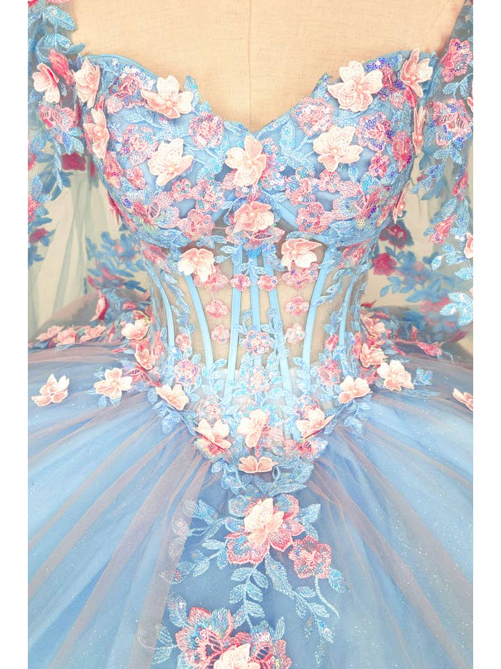 Baby Blue Quinceanera Dress With Pink Flowers and Cape CHF3117 for wholesale on Faire6