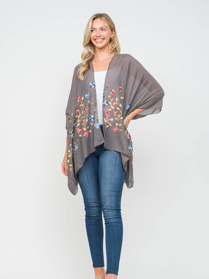 Charlotte Floral Detail Kimono - Smoke Multi for wholesale by Raj Trading & Imports (USA) Inc.