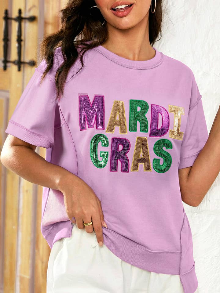 Sequined MARDI GRAS Graphic Short Sleeve Top (S-XL) for wholesale by 66DISCO