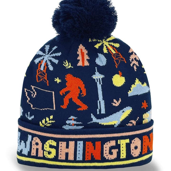 Northern Icons Creations INC - Vente Bonnet – unisexe - Bonnet en tricot avec pompon de l'État de Washington | Souvenir d'hiver Bigfoot en plein air0