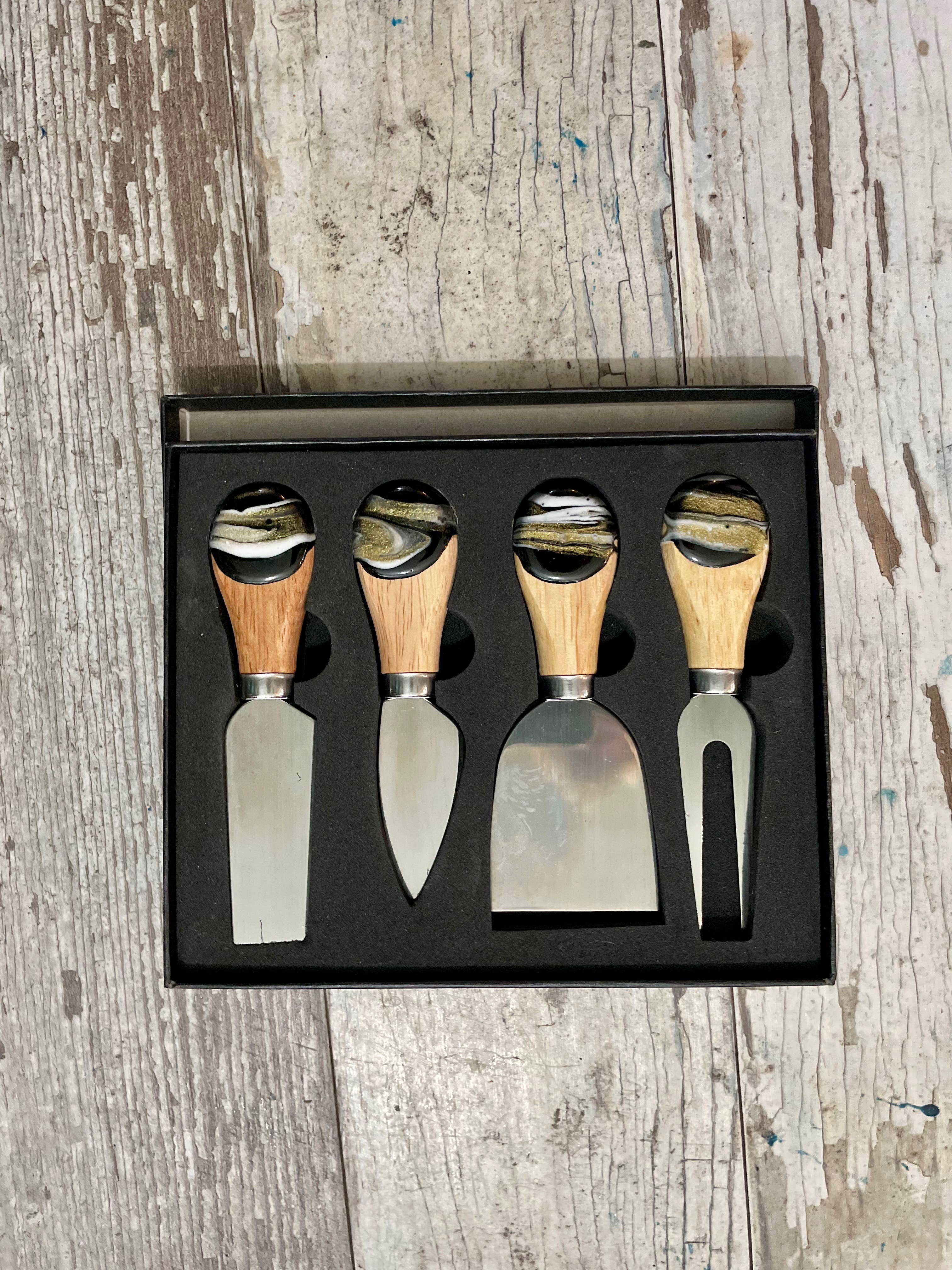 Nikita Fine Art LLC - Wholesale Kitchen Utensil Set - Cheese Utensil Set of 4 with black box organic resin poured5