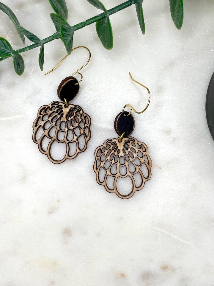 Cutout Curtain Wood Dangle Earrings for wholesale by Rosey Oak Designs