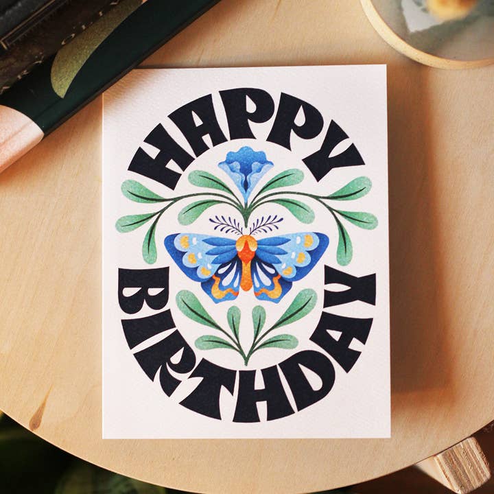 Julie Solvstrom Illustration - Wholesale Birthday Card - Happy Birthday Greeting Card | Yellow Card | Butterfly3