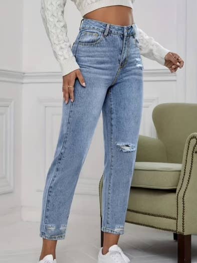 Black Rebel Fashion - Wholesale Jeans - Women's - Â Light Blue Ripped Mom Fit Jeans - BlueÂ