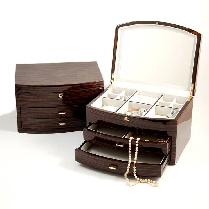 BeyBerk International - Wholesale Jewelry Box/Organizer - Lacquered Ebony "Zebra" Wood Jewelry Box