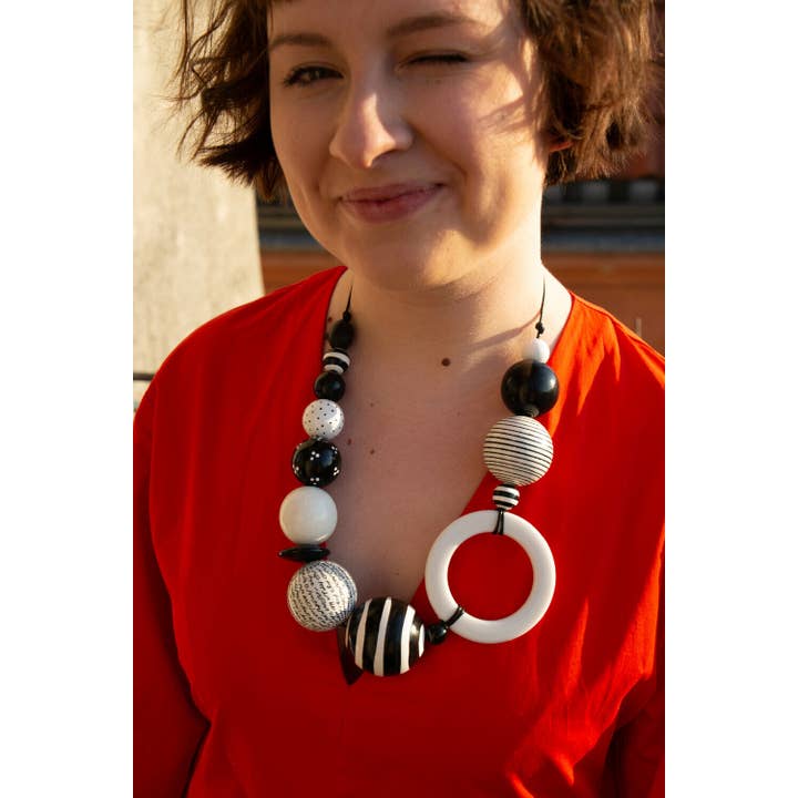Gannwood - Wholesale Bib Necklace - Black and White Striped Wooden Bead Necklace