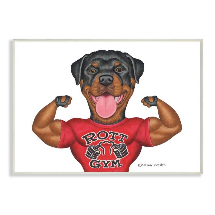 Rott Gym Dog Pun Weightlifting Pet Illustration Wall Plaque for wholesale by Stupell Industries