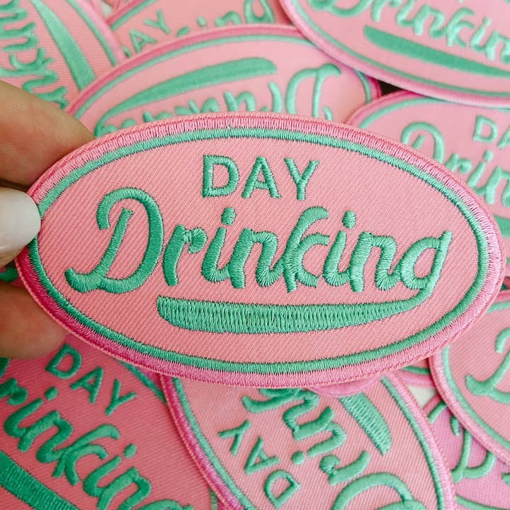 TEELUX - Wholesale Patch - 4" Day Drinking in Pink and Teal - Embroidered Hat Patch (Version 2)1