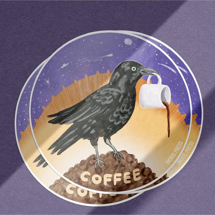 Autocollant découpé Cosmic Coffee Raven pour la vente par Ingrid Press