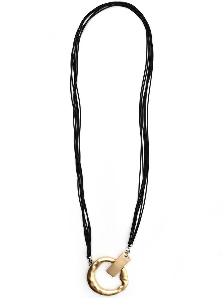 L65G Long Black Multi Strand Necklace With Matte Gold Round for wholesale by Sea Lily