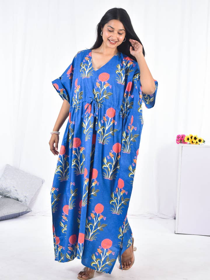 Hand Block Floral Print Blue Cotton Kaftan for wholesale by AMRANIS