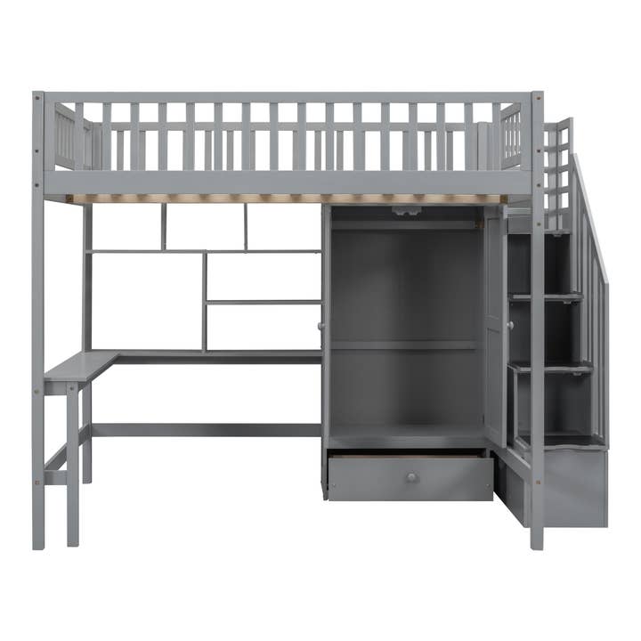 Gray Full size Loft Bed with Bookshelf, Drawers, Desk for wholesale on Faire5