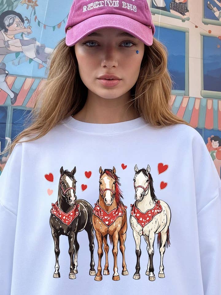 Valentine Heste Grafisk Sweatshirt for engroshandel hos Pink Irene Wholesale