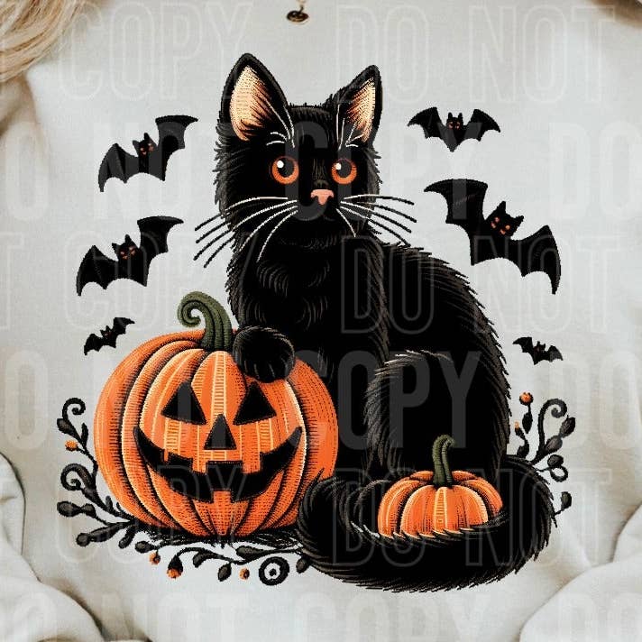 Sort kat og græskar DTF-overførsel for engroshandel hos K and M Designs